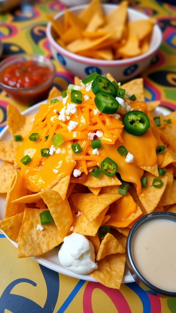 A colorful plate of loaded nachos with cheese, jalapeños, and garnishes, perfect for sharing.